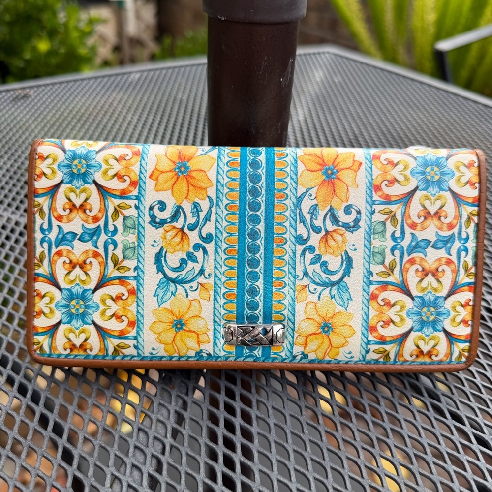 Brighton Floral Stripe Clutch Wallet in Blue and Yellow